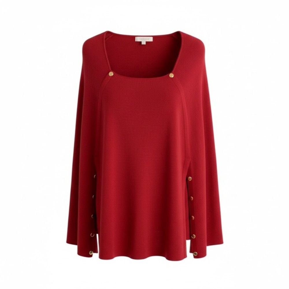 Chicos Cape S M Red‎ Knit Poncho Sweater Gold Button Side Square Neck
